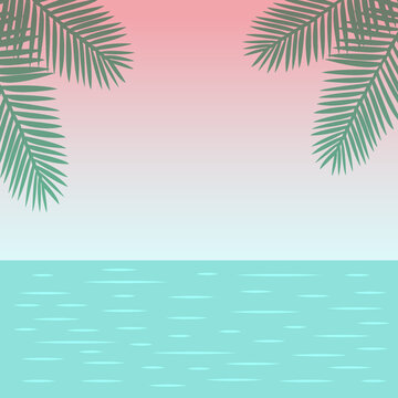 Seascape with palm leaves. Paradise nature vacation. Cartoon landscape background.