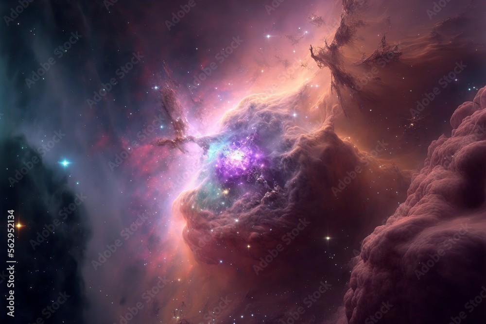 Aufkleber Large view of a colorful dark nebula in space. Cosmic background with bright shining stars, galaxies and deep universe. Generative ai