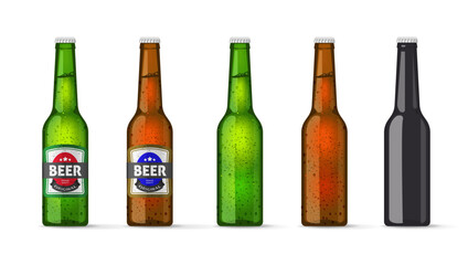Beer bottle glass 3d set vector green brown black mockup graphic isolated illustration, blank cold lemonade or alcohol drink mock up, lager and ipa package sticker label clip art image