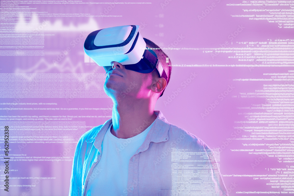 Poster Vr, futuristic data and man in metaverse exploring a cyber world with charts, statistics and info. Digital transformation, virtual reality or male with neon graphics, trading or stock market software