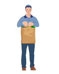 Delivery of vegetables in a paper bag. A young man in the cap sells vegetables in paper bag. Vector illustration of a modern flat style.