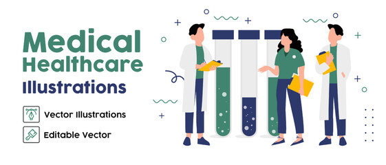 Doctor Pharmacist in laboratory Standing near Medicine Bottles. Medical Staff analys Medicaments. Flat Isometric Vector Illustration.