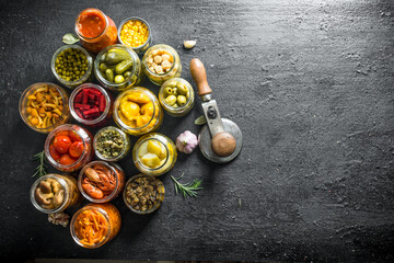 Set of jars of pickled food.