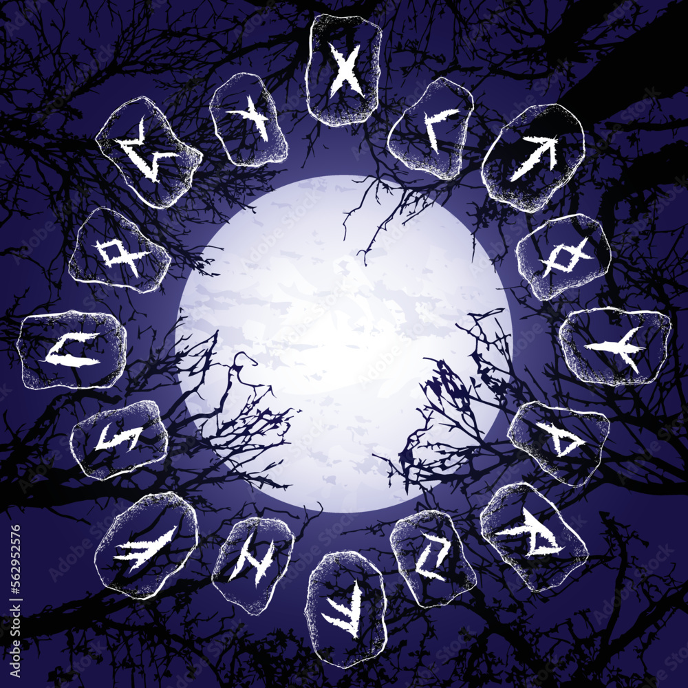 Wall mural viking runes night trees and moon