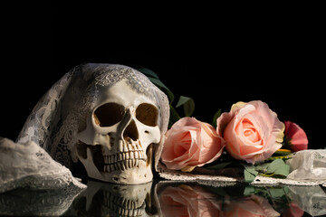 Human skull and flowers. Day of the dead, Dia de los muertos character.