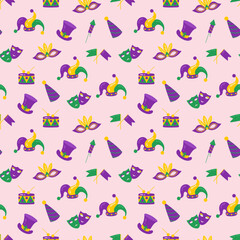 Seamless pattern Mardi Gras carnival. Design for fabric, textile, wallpaper, packaging. - obrazy, fototapety, plakaty