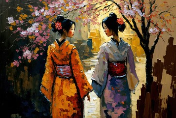 oil painting style illustration of a beautiful women wearing traditional Asian costume walking on street Generative Ai