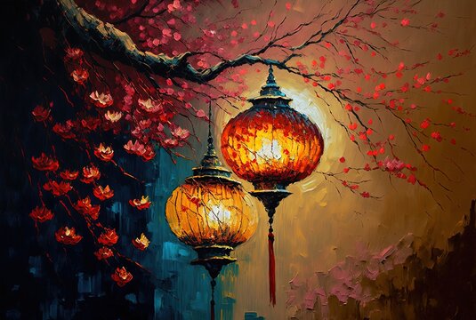 oil painting style illustration of lantern hanging on cherry blossom branch tree background , idea for Chinese new year and Asian lantern festival theme Generative Ai