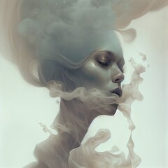 Abstract portrait of woman's face dissolving in smoke. Illustration.