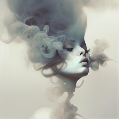 Female face dissipating in grey smoke. Portrait. Illustration.