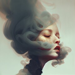 Female portrait with smoke over head and hair. Abstract illustration.