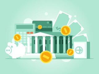 Financial services concept. Bank building, safe and piggy bank on the background of banknotes of coins and credit cards. Vector illustration