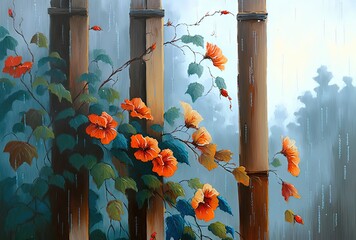 oil paint illustration of rural background with flowers vine climb on wall Generative Ai
