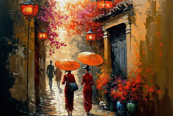 Naklejka premium oil painting style illustration of lantern hanging on wall background and people walking on town street , idea for Chinese new year and Asian lantern festival theme Generative Ai