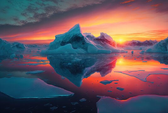 beautiful ice continent with ice sheet crack with warm light shine from behind iceberg  Generative Ai	
