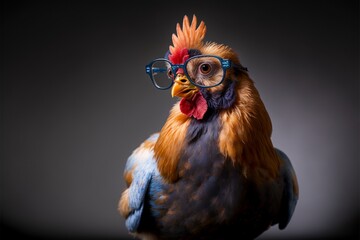 Huhn mit Sehhilfe Brille blickt in die Kamera, ai generativ