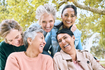 Senior women, laughing or bonding in nature park, public garden or relax environment in retirement,...