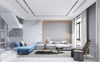 The modern luxury interior of the living room is bright and clean. 3D illustration