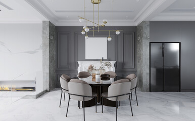 Modern Dining interior with dining table and chairs. 3D illustration