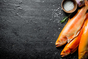 Raw trout with garlic head and salt.