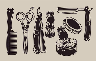 Set vector illustrations of elements for barbershop on a light background