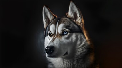 Fototapeta premium Portrait of a beautiful Siberian Husky with brown and blue eyes isolated on a black background created with Generative AI Technology
