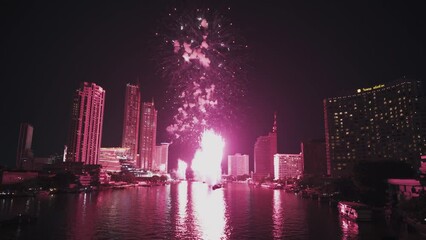 New Year's Eve Beautiful Fireworks Display on Chao Phraya River Bangkok Thailand 