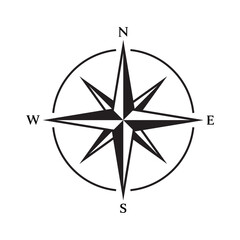 Wind rose icon, black compas navigator sign with north east south west direction elements. Rose of the winds flat black and white icon, sailing or travel symbol, exploration journey equipment vector. © SunwArt