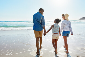 Summer, ocean and black family on a walking on a tropical, beach and relaxing at the sea and...