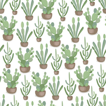 Cute cactus seamless pattern with prickly pear flowerpot pots. Vector funny nature background. The print is used for wallpaper, fabric, textile. mexican design.