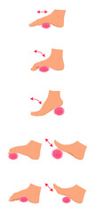 Vector illustration. A set of exercises for myofascial release for the feet with a studded ball. Rehabilitation training