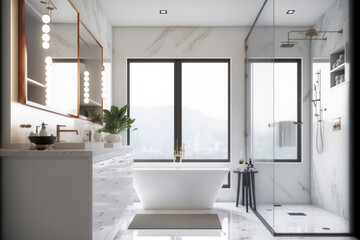 Modern bathroom interior design, Luxury yet minimalist clean, bright and hygienic spacious bathroom with shower, toilets, mirrors, bathtub and natural green plant in a hotel, apartment, or house.