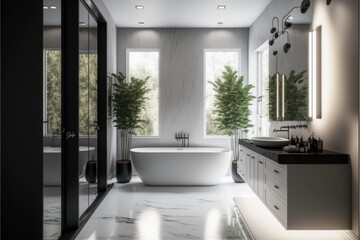 Modern bathroom interior design, Luxury yet minimalist clean, bright and hygienic spacious bathroom with shower, toilets, mirrors, bathtub and natural green plant in a hotel, apartment, or house.
