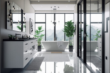 Modern bathroom interior design, Luxury yet minimalist clean, bright and hygienic spacious bathroom with shower, toilets, mirrors, bathtub and natural green plant in a hotel, apartment, or house.