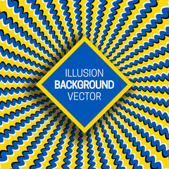 Square frame on yellow blue optical illusion hypnotic background of rotating curly rays.