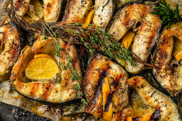 Obraz na płótnie Canvas Sturgeon steaks on the grill with lemon herbs and spices. Food recipe background. Close up