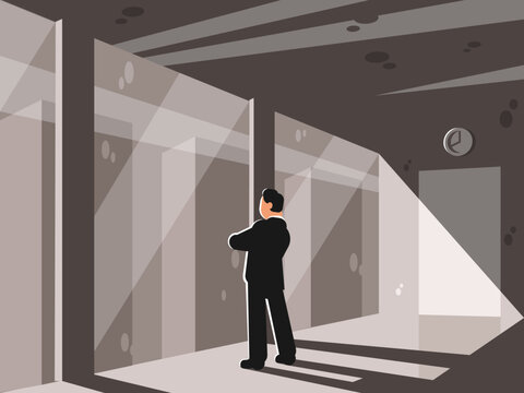 Businessman standing in office and looking through window at night city. Vector illustration