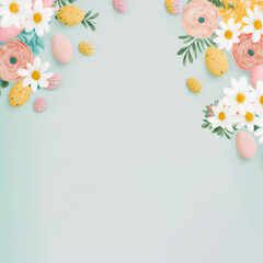 easter egg theme top corners floral background template on blue, created with generative ai