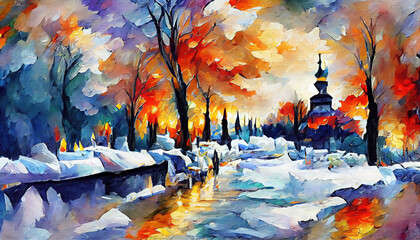 Winter landscape with snow and church as oil painting (Generative AI)