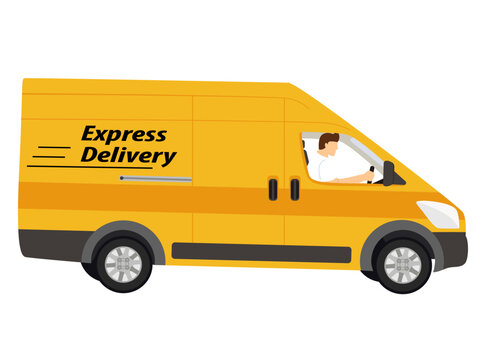 Cartoon delivery truck van with courier isolated on white background. Yellow truck express delivery. Courier sitting in the van car. Vector illustration in the flat style. Side view, profile.