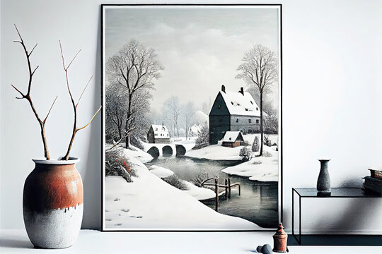 Picture frame with winter landscape image leaning on wall (Generative AI)