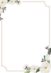 watercolor hand drawn white magnolia flower and green leaf branch bouquet wedding invitation card
