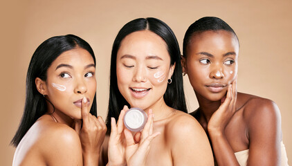Skincare, women and face cream in studio for wellness, grooming and hygiene against brown...