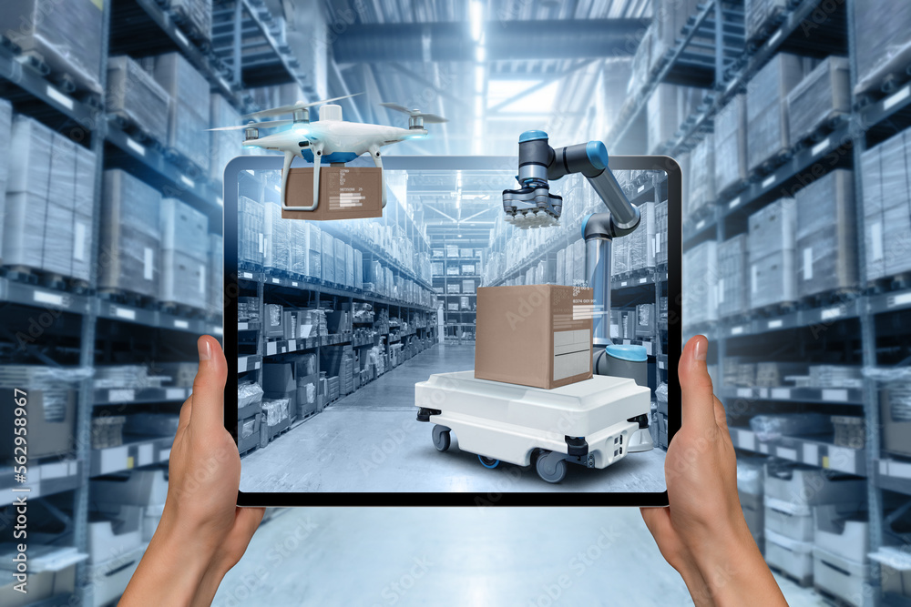 Aufkleber Warehouse manager with digital tablet controls robot and drone