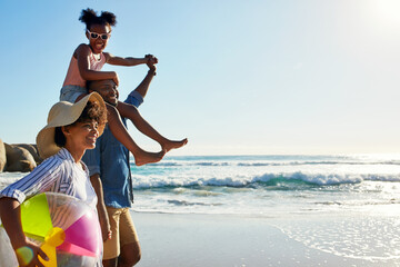 Walking, beach and profile of relax black family travel, happy and enjoy outdoor quality time together. Ocean sea water, blue sky mockup or freedom for bonding people on Jamaica holiday in summer