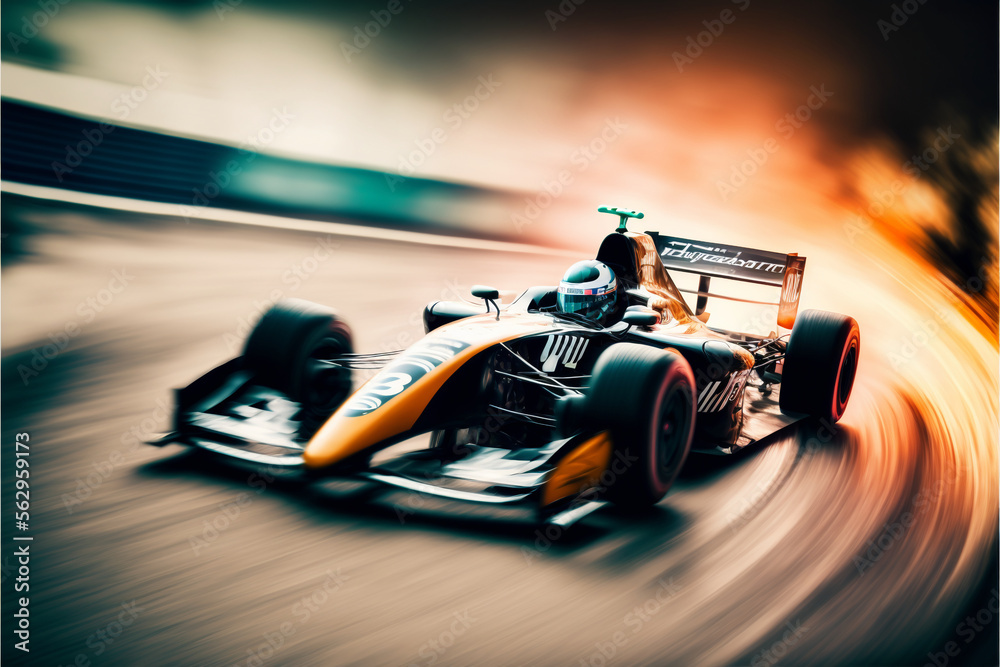 Wall mural race driver pass the finishing point and motion blur backgroud. motor sports competitive team racing