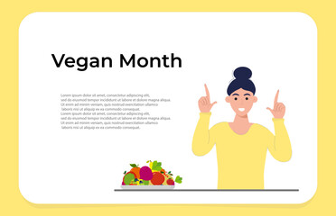 A happy woman starts vegetarian diet в January. The concept of veganism, Veganuary annual challenge encouraging people to follow a vegan lifestyle
