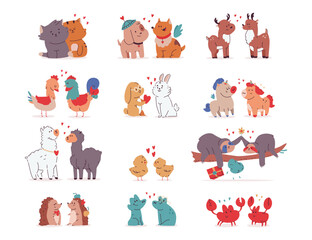 Cute animals in love Valentine's day vector cartoon characters set isolated on a white background.