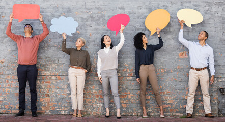 Speech bubble, feedback and question with business people and mockup for social media, vote and...