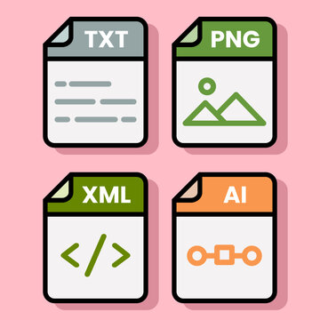 Document file folder download vector color format pdf doc xls jpg zip txt png json ppt csv xml ai mp3 mp4 html psd css js